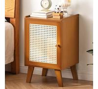 Modern Wooden Nightstand Storage Cabinet, Mid Century Farmhouse Rattan Design, Tall Accent Table for Bedroom & Living Room, Sturdy Wood with Open Shelves (Brown-D)