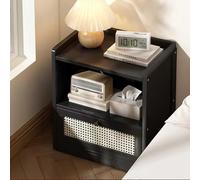 Modern Wooden Nightstand with Rattan Accents - Mid Century Farmhouse Storage Cabinet for Bedroom & Living Room - Sturdy Wide Design (Black, 45x31x49cm)