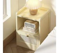 Modern Wooden Nightstand with Rattan Tall Storage Cabinet for Bedroom & Living Room Mid Century Farmhouse Style Sturdy Open Design (White 45x31x49cm)