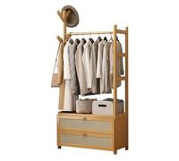 Modern Wooden Open Wardrobe with Bamboo Clothes Rail and Drawers - Stylish Free Standing Garment Rack for Small Bedrooms, Space-Saving Clothing Storage Solution