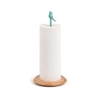 Modern Wooden Paper Towel Holder Stand | Decorative Teal Bird | Freestanding Kitchen Roll Holder for Countertop Decor, Coastal Style