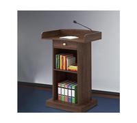 Modern Wooden Podium Stand with Open Storage | Stylish Floor Standing Lectern for Public Speaking | Professional Brown Wood Pulpit for Events & Presentations
