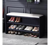 Modern Wooden Shoe Storage Bench with Cushioned Seat Upholstered Entryway Cabinet Stylish Hallway Organizer Dark Blue & White 39"x12"x18" (100x30x45cm)