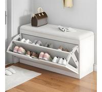 Modern Wooden Storage Bench with Flip top Doors and Cushioned Seat 2 Tier nizer White 80cm Length x 23cm Width x 45cm Height Stylish Entryway Furniture.
