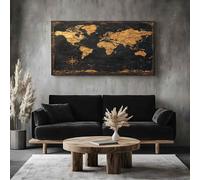 Modern World Map Large Canvas Wall Art Painting Luxury Gold Canvas Print Poster for Living Room Wall Art Decor, Pictures for Home Office Restaurant, 70x140cm Retro Compass