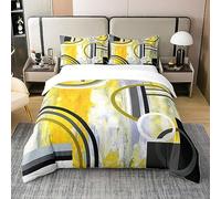 Modern Yellow Black Grey 100% Cotton Duvet Cover Double,Watercolor Oil Painting Comforter Cover,Geometry Circles Bedding Set,Contemporary Artwork Texture Bedroom Decor Soft Comfy Bedspread Cover 3Pcs