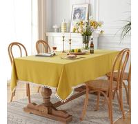 Modern Yellow Tablecloth 140x160 cm Rectangular Cotton with Lace & Velvet Ball, Elegant Dining Table Decor for Home & Events
