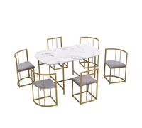 Modern6SeaterOvalDiningTableSetwithWhiteTopDurableIronFrameSoftGrayVelvetChairsSpaceSavingDesignforKitchen&DiningRoom
