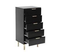 Black Gloss Chest of Drawers with Gold Handles & Legs - 5-Drawer Tall Storage