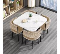 ModernFauxMarbleDiningTableSetwith4VelvetUpholsteredChairsStylishDiningRoomFurnitureforKitchenLivingRoom&Office80x80x75CM