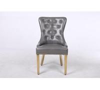 Modernique A Pair Of Leather Aire Dining Chairs With Golden Legs, Knocker & Studs In Grey