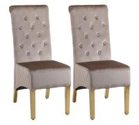 Modernique A Pair (x2) Velvet High Back Dining Chairs with Golden Chrome Knocker & Legs in Brown Modernique Brown