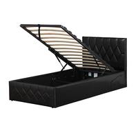 Modernique Black Faux Leather Ottoman Storage Bed with Pockets & Mobile Charger | Size: Small Double Modernique Black Small Double
