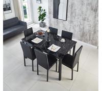 Modernique Emillia Mdf Marble Effect Dining Table With 6 Faux Leather Chairs In Black