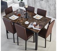 Modernique Emillia Mdf Marble Effect Dining Table With 6 Faux Leather Chairs In Brown