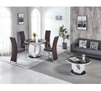 Modernique Giulia Round Black 100 Cm Tempered Glass Top White Dining Table With 4 Brown Faux Leather Dining Chairs