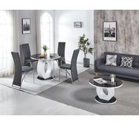 Modernique Giulia Round Black 100 Cm Tempered Glass Top White Dining Table With 4 Grey Faux Leather Dining Chairs