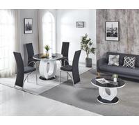Modernique Giulia Round Black 100 Cm Tempered Glass Top White Dining Table With 4 Pink Velvet Dining Chairs