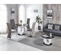 Modernique Giulia Round Black 100 Cm Tempered Glass Top White Dining Table With 4 Pink Velvet Dining Chairs