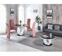 Modernique Giulia Round Black 100 Cm Tempered Glass Top White Dining Table With 4 Pink Velvet Dining Chairs