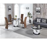 Modernique Giulia Round Black 100 Cm Tempered Glass Top White Dining Table With 4 Pink Velvet Dining Chairs