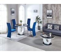 Modernique Giulia Round Black 100 Cm Tempered Glass Top White Dining Table With 4 Pink Velvet Dining Chairs