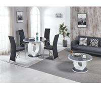 Modernique Giulia Round Grey 100 Cm Tempered Glass Top White Dining Table With 4 Black Faux Leather Dining Chairs