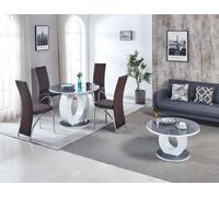 Modernique Giulia Round Grey 100 Cm Tempered Glass Top White Dining Table With 4 Brown Faux Leather Dining Chairs