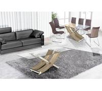 Modernique Nuovo Coffee Table, Tempered Clear Glass Top With Cross Leg In Oak