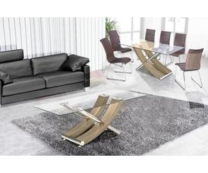 Modernique Nuovo Coffee Table, Tempered Clear Glass Top With Cross Leg In Oak