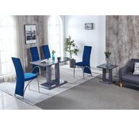 Modernique Rocco Grey Gloss Finish Mdf Dining Table With 4 Blue Velvet Dining Chairs