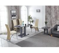 Modernique Rocco Grey Gloss Finish Mdf Dining Table With 4 Cream Faux Leather Dining Chairs