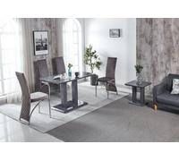 Modernique Rocco Grey Gloss Finish Mdf Dining Table With 4 Grey Velvet Dining Chairs