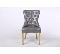Modernique Set of 2 Luna Leather Aire Dining Chairs with Knocker, Stud & Golden Legs in Grey