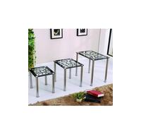 Modernique Tempered Glass Nest Of 3 Tables Set With Chrome Frame In Black Black One Size