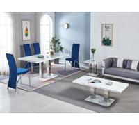 Modernique White Mdf Marble Effect Dining Table With 4 Blue Velvet Chairs
