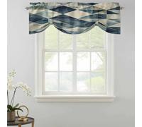 Modernism Tie Up Valances Curtain, Blue White Angular Design Color Block Adjustable Rod Pocket Short Window Treatment Tie Up Curtains Valances for Kitchen Living Room Bathroom 42x18 Inches