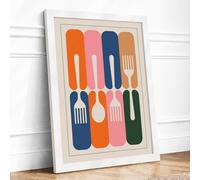 Modernist Cutlery Grid Mid-Century Framed Wall Art Print A4 (29.7×21cm) White, Wall Decor for Living Room, Bedroom, Office & Home, Ready to Hang, Art Gift
