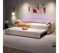 Modernluxe 3Ft Single Bed, 90X190Cm, Daybed, Sofa Bed With Rgb Led Lighting, With Trundle, Pull Out Trundle Bed, Velvet, Beige
