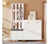 ModernLuxe Coat Rack with Shoe Storage, Elegant Coat Stands for Hallway, Stylish Wardrobe Set with 8 Coat Hooks, Soft Cushion and 2 Shoe Cabinets, Sturdy Wooden Clothes Rail with Bench Seat, White