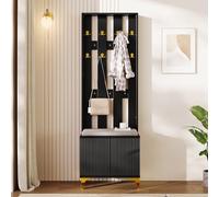 ModernLuxe Coat Rack with Shoe Storage, Elegant Coat Stands for Hallway, Stylish Wardrobe Set with 8 Coat Hooks, Soft Cushion and Shoe Cabinet, Sturdy Wooden Clothes Rail with Bench Seat, Black