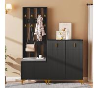 ModernLuxe Coat Rack with Shoe Storage, Elegant Coat Stands for Hallway, Stylish Wardrobe Set with 8 Coat Hooks, Soft Cushion and 2 Shoe Cabinets, Sturdy Wooden Clothes Rail with Bench Seat, Black