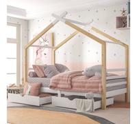 ModernLuxe Kids single bed frame with 2 drawers & house design in Natural ModernLuxe Natural Single