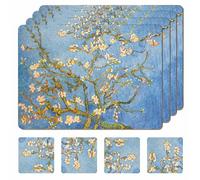 Moderry Set of 4 Heat Resistant Cork Placemats for Dining Table with 4 Matching Drink Coasters, Blue, Botanical Design, 16" x 12", Cork Backing, Hard Placemats (Almond Blossoms)