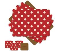 Moderry Set of 4 Heat Resistant Cork Placemats for Dining Table with Free Set of 4 Matching Drink Coasters Cream & Red Polkadot Design 16 x 12 Inches Cork Backed Hard Placemats (Red Polkadot)