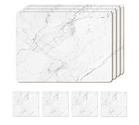 Moderry Set of 4 Heat Resistant Cork Placemats for Dining Table with Free Set of 4 Matching Drink Coasters Marble Design 16 x 12 Inches Cork Backed Hard Placemats (White Marble)