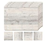 Moderry Set of 4 Heat Resistant Cork Placemats for Dining Table with Free Set of 4 Matching Drink Coasters Cork Wood Design Print 16 x 12 Inches Cork Backed Hard Placemats (White Driftwood)