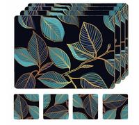 Moderry Set of 4 Heat Resistant Cork Placemats for Dining Table with Free Set of 4 Matching Drink Coasters Sage Green Marble Design 16 x 12 Inches Cork Backed Hard Placemats (Blue Gold Botanical)