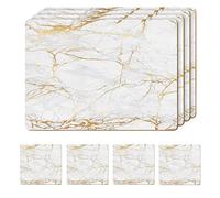 Moderry Set of 4 Heat Resistant Cork Placemats for Dining Table with Free Set of 4 Matching Marble Design Coasters 16x12 Inches Hard Placemats with Cork Back (Gold Foiled)