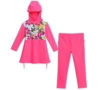 Modest Muslim Swimwear for Girl Kids Islamic Burkini Rash Guard Long Sleeve Swimsuit UPF 50+ Bathing Suit Pakistan Dubai Middle East Beachwear Hijab Hooded Top Pants Swimming Costume Pink 9-10 Years